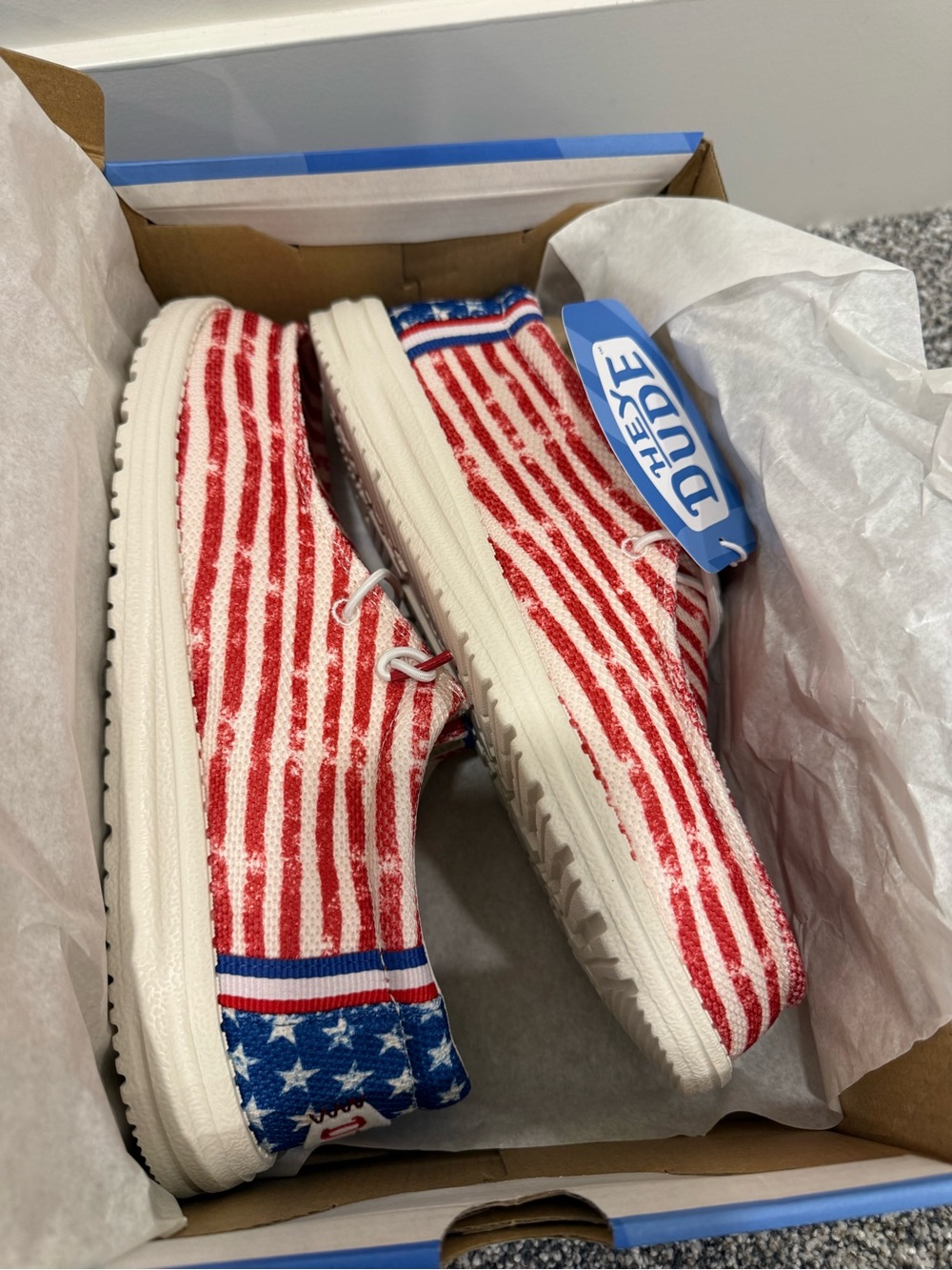 New! Hey Dude Men’s Size 9 Americana Patriotic Slip-On Sneakers Red, White, Blue
